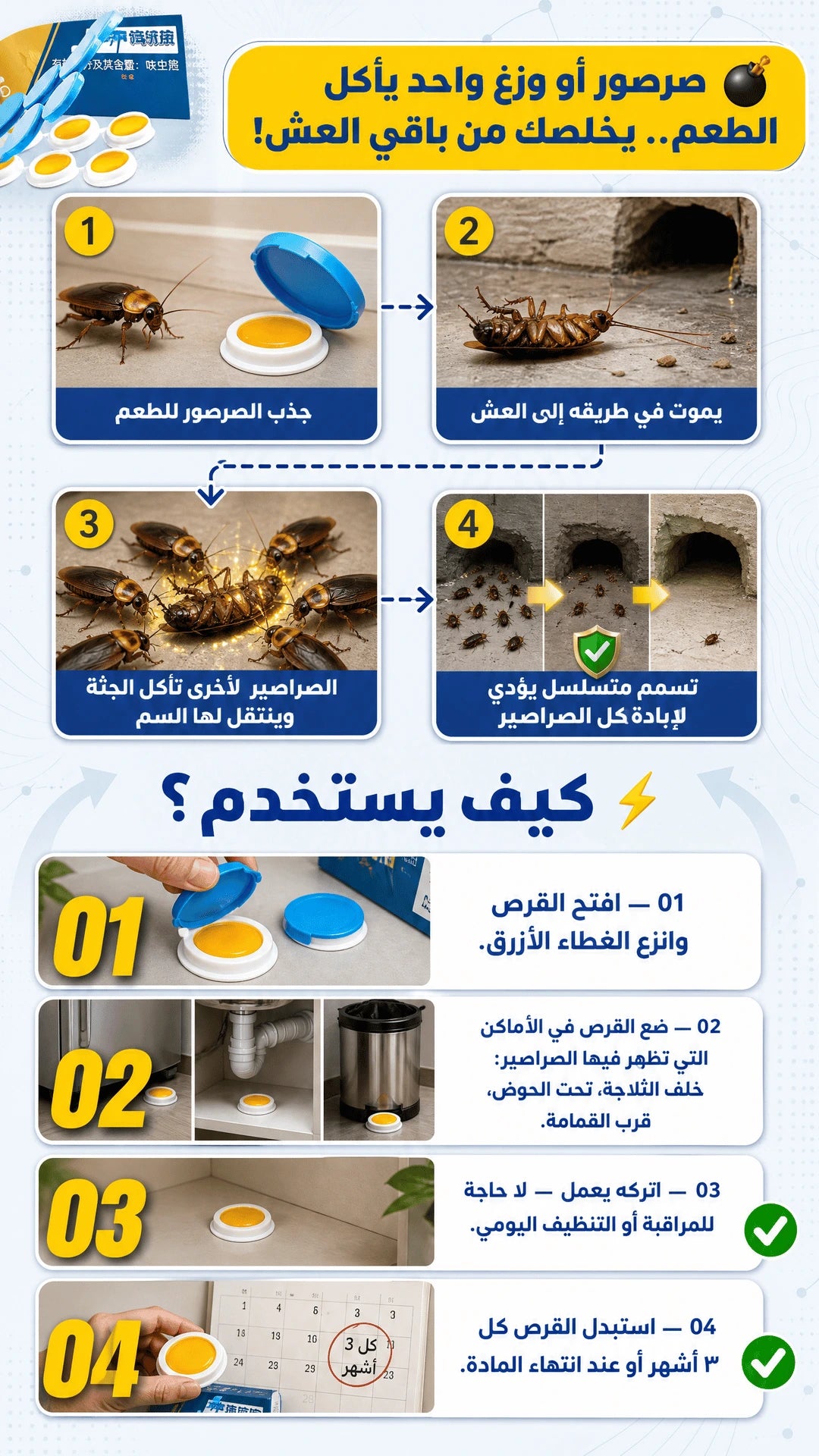 كيف يستخدم؟ - صرصور أو وزغ واحد يأكل الطعم يخلصك من باقي العش